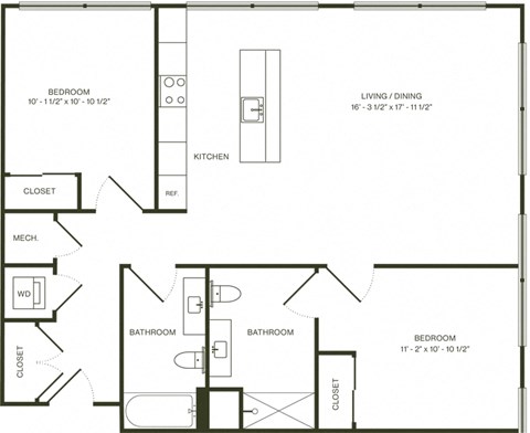 Floor plan for 2 beds, 2 baths, 1089 sqft